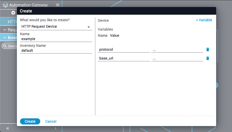 HTTP Requests Create Inventory Device Required Variables